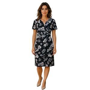 Adrianna Papell Midi Dress sz 8 Women Faux Wrap Floral Black Blue Sheath Wedding